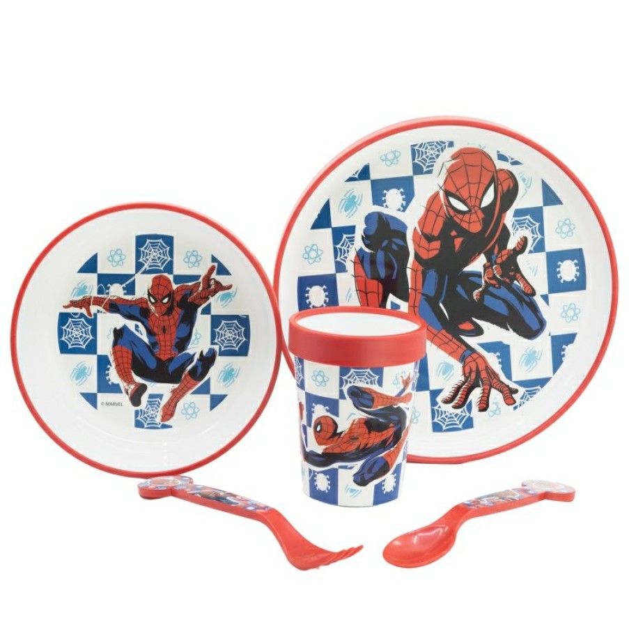 Best Spider-Man Set 5 Pcs Antideslizante Premium Bicolor (Plato, Cuenco, Vaso 260 Ml Y Cubiertos) En Caja Spiderman Arachnid Grid