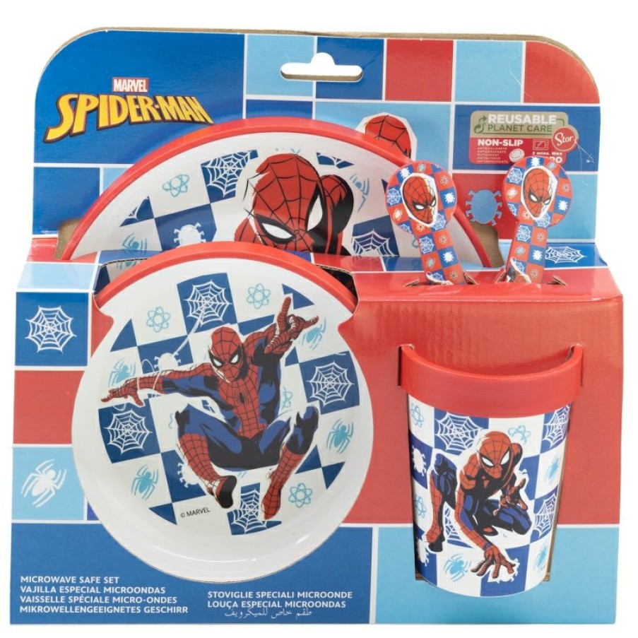 Best Spider-Man Set 5 Pcs Antideslizante Premium Bicolor (Plato, Cuenco, Vaso 260 Ml Y Cubiertos) En Caja Spiderman Arachnid Grid