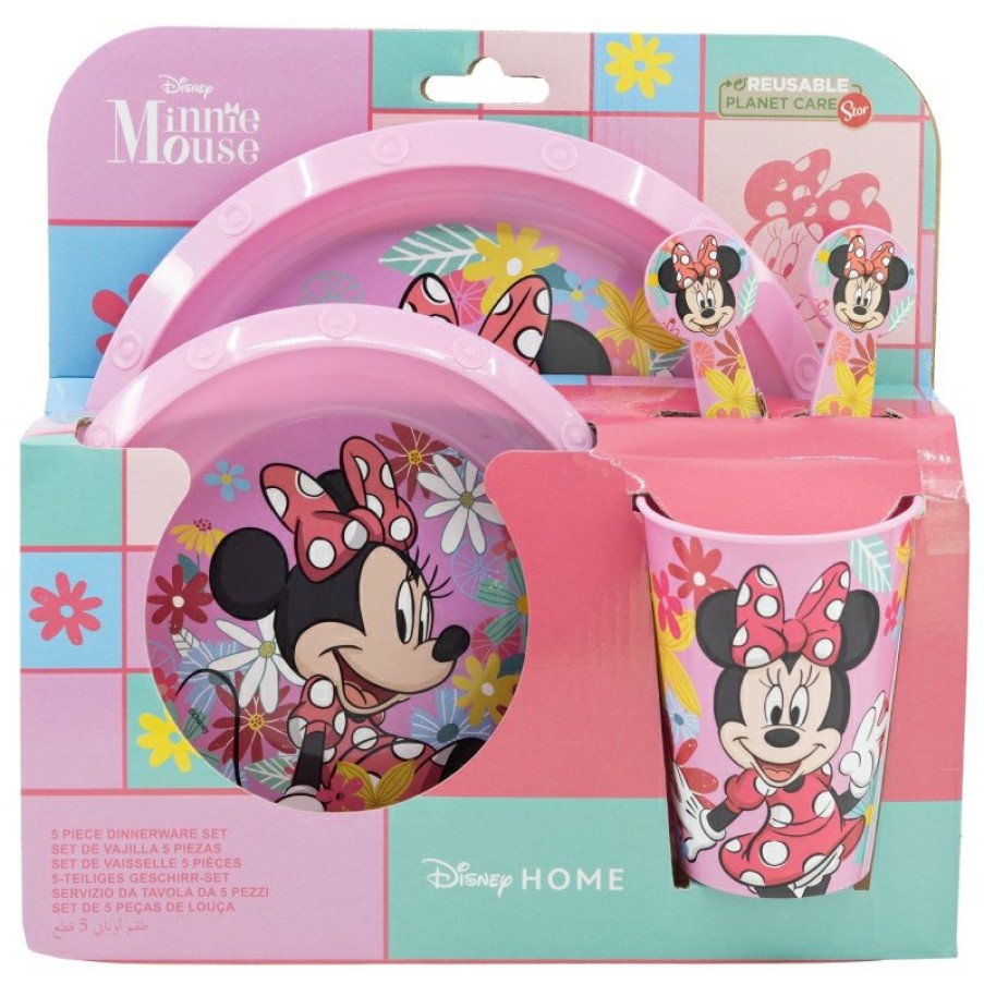 Best Minnie Mouse Set Easy 5 Pcs (Plato, Cuenco, Vaso 260 Ml Y Cubiertos) En Estuche Minnie Mouse Spring Look