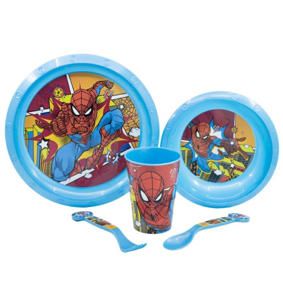 Best Spider-Man Set Easy 5 Pcs (Plato, Cuenco, Vaso 260 Ml Y Cubiertos) En Estuche Spiderman Midnight Flyer