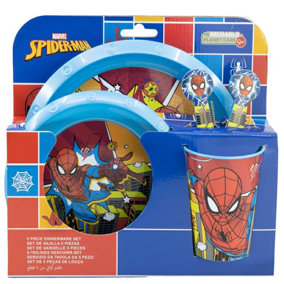 Best Spider-Man Set Easy 5 Pcs (Plato, Cuenco, Vaso 260 Ml Y Cubiertos) En Estuche Spiderman Midnight Flyer