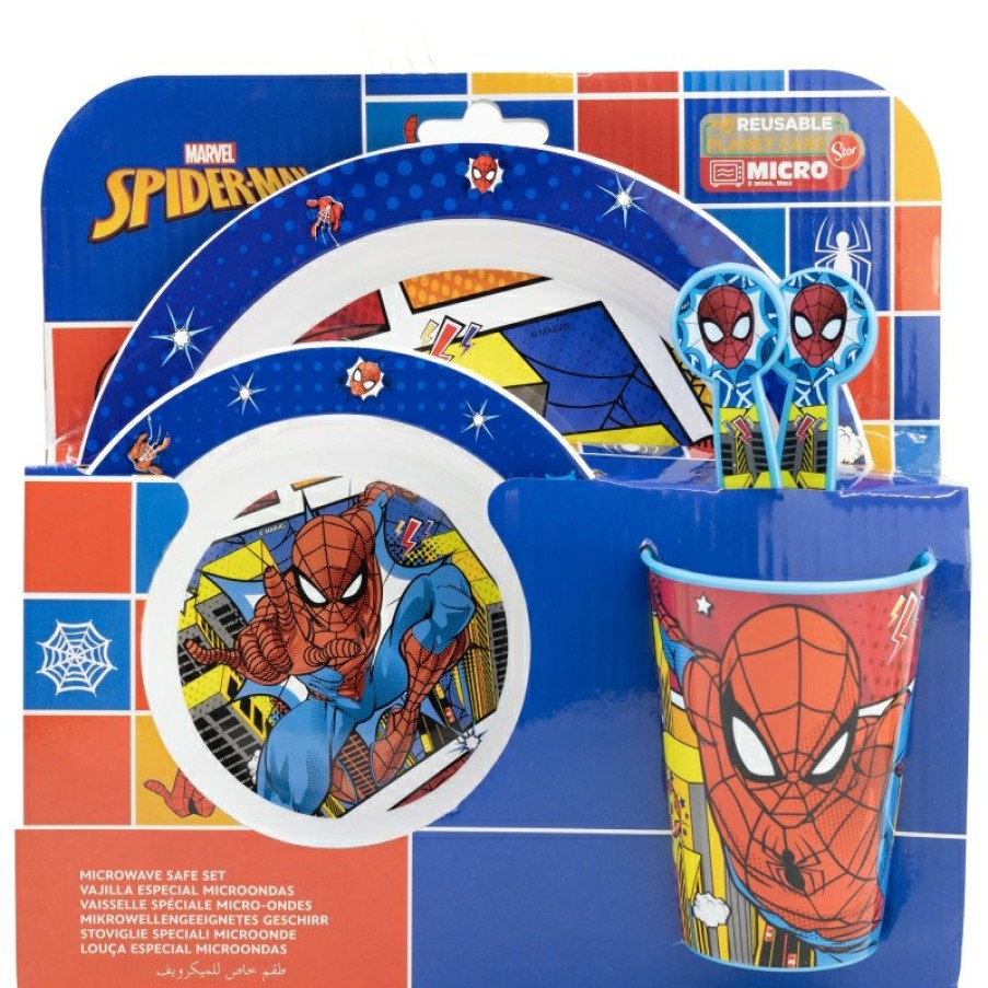 Best Spider-Man Set Micro 5 Pcs (Plato, Cuenco, Vaso 260 Ml Y Cubiertos) Spiderman Arachnid Grid