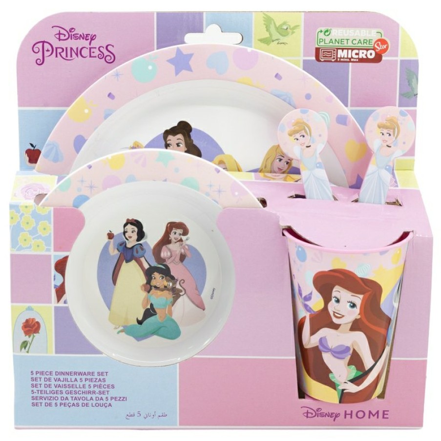 New Princesas Set Micro 5 Pcs (Plato, Cuenco, Vaso 260 Ml Y Cubiertos) Disney Princess True