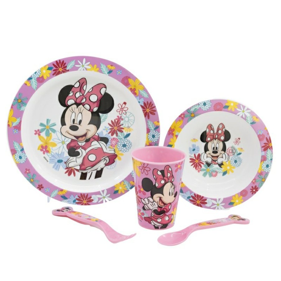 Hot Minnie Mouse Set Micro 5 Pcs (Plato, Cuenco, Vaso 260 Ml Y Cubiertos) Minnie Mouse Spring Look