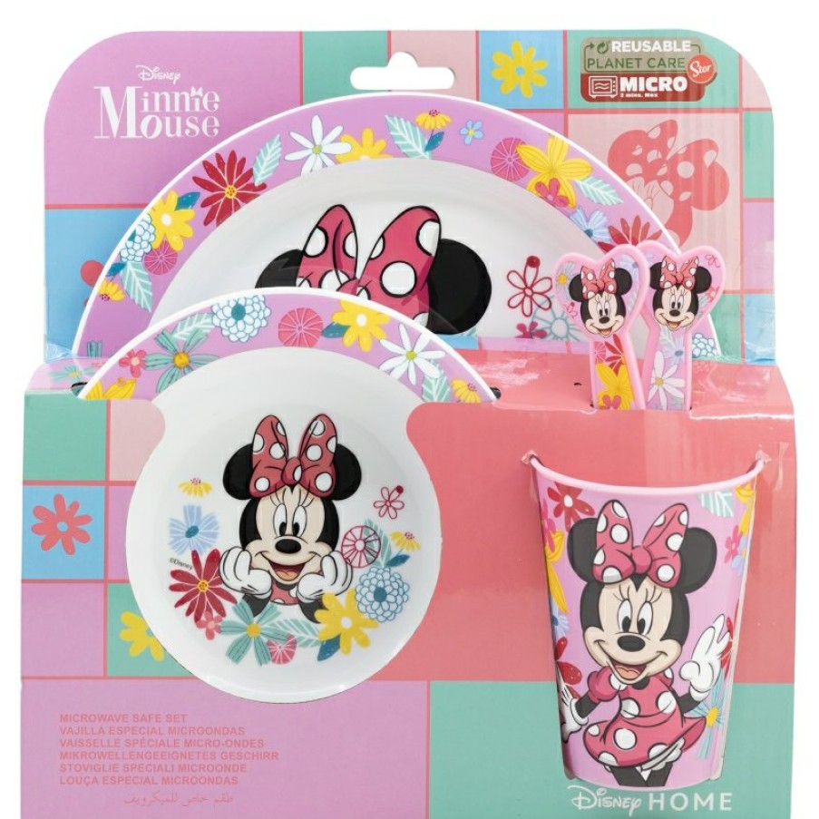 Hot Minnie Mouse Set Micro 5 Pcs (Plato, Cuenco, Vaso 260 Ml Y Cubiertos) Minnie Mouse Spring Look