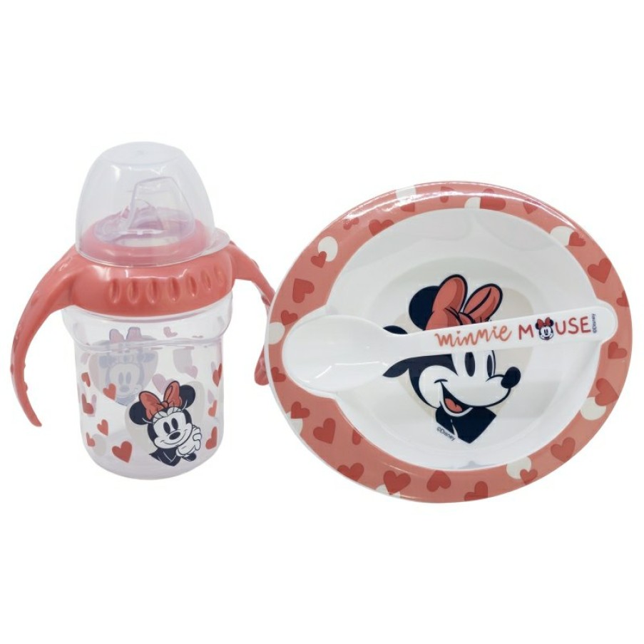 Hot Minnie Mouse Set 3Pcs (Vaso Entrenamiento 250 Ml, Plato Y Cuchara) Minnie Mouse Heart Full